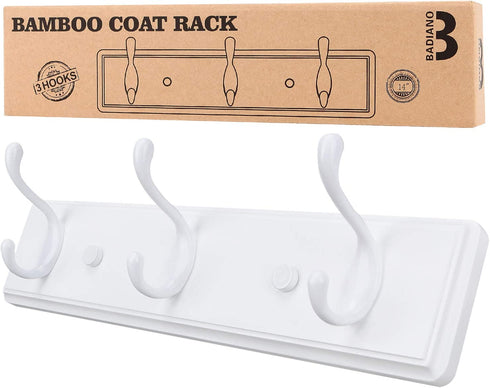 Wooden Wall Mount Coat Rack, Mounted Organizer for Closet, Bathroom, Bedroom, Entryway, Hallway, Foyer, Heavy Duty Double Hooks Hanging Towels, Hats, Bags, Backpacks, Jackets, Keys (White, 3 Hooks)