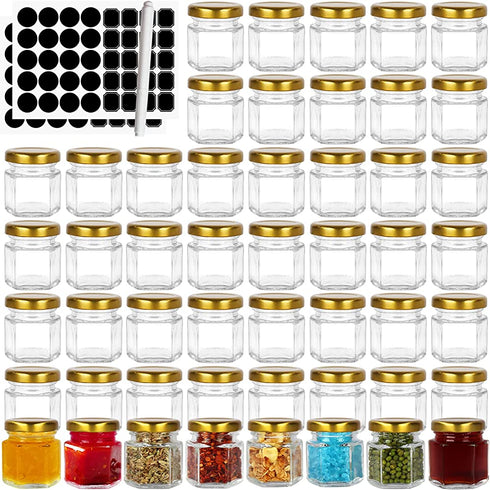 1.5 oz Hexagon Glass Jars with Golden Lids.Set of 48 Pack Mini Canning Jars Containers for Spice Jam,Jelly, Wedding Favors, Honey And More. Small Jars.Include 1 Chalk Pen and 80 Labels.