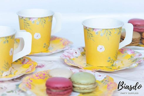 2 x 24 PACK Biasdo Paper Tea Party Decorations, 24 Drink Cups with Handles and Matching Dessert Saucer Plates for Baby and Bridal Shower Decor, Birthday Party, Event Hosting, Bright Yellow