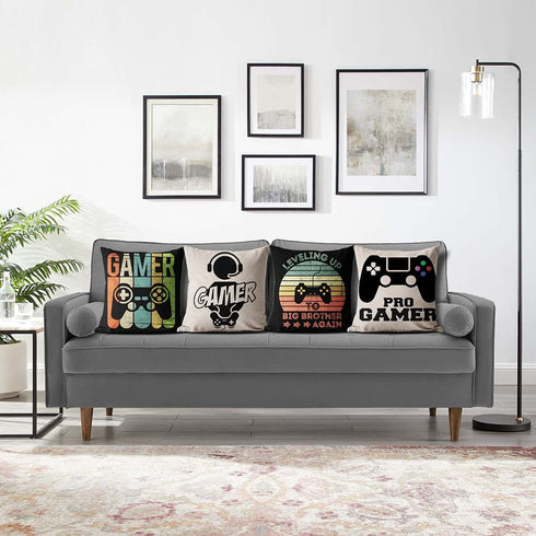 Mechanical Cattle Black Gaming Decorative Throw Pillow Covers Game Controller Linen Square Throw Pillow Cases for Couch Sofa Outdoor Playroom Bed Car Patio Boys Room Decor Pillow Covers 18x18 Set of 4