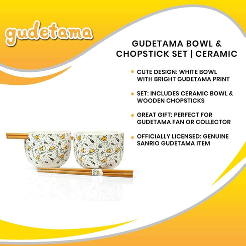 Gudetama Bowl & Chopstick Set - Includes 2 Ceramic Ramen or Rice Bowls & Wooden Chopsticks With Cute Sanrio Lazy Egg Design