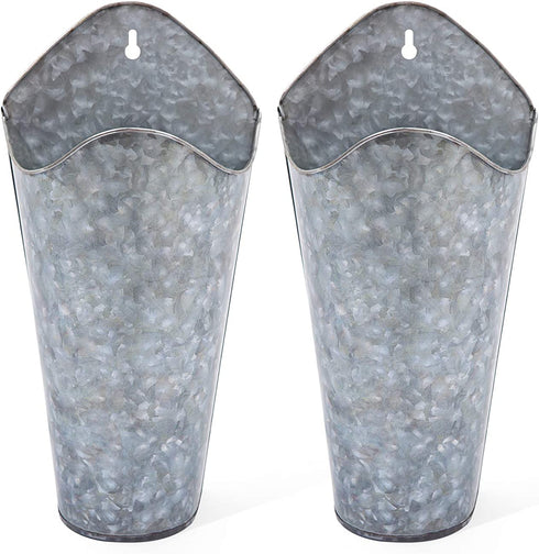 Mkono Galvanized Metal Wall Planter Farmhouse Wall Vase Planters Decor for Succulents or Herbs, Rustic Wall Hanging Planters Flowers Holder Country Rustic Home Wall Decor Set of 2, Silver, Small