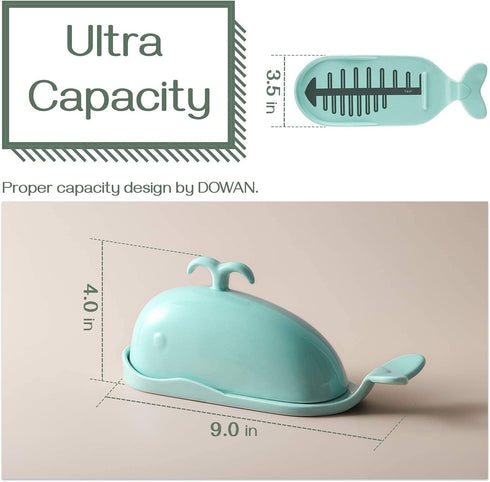 DOWAN Whale Butter Dish, Cute Butter Dish, Funny Gifts for Mom Wife Friends, Fish Bone Cutting Measuring Lines and Tail Non-slip Design, Ideal Decor Gift for Birthday Wedding Housewarming, Turquoise