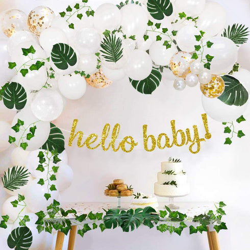 Sweet Baby Co. Boho Fake Greenery Baby Shower Decorations Neutral with Balloon Garland Arch Kit, Oh Hello Baby Banner, Green Ivy Leaf Garland Vines Decoration Decor for Jungle Safari Woodland Backdrop Theme