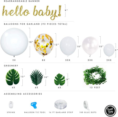 Sweet Baby Co. Boho Fake Greenery Baby Shower Decorations Neutral with Balloon Garland Arch Kit, Oh Hello Baby Banner, Green Ivy Leaf Garland Vines Decoration Decor for Jungle Safari Woodland Backdrop Theme