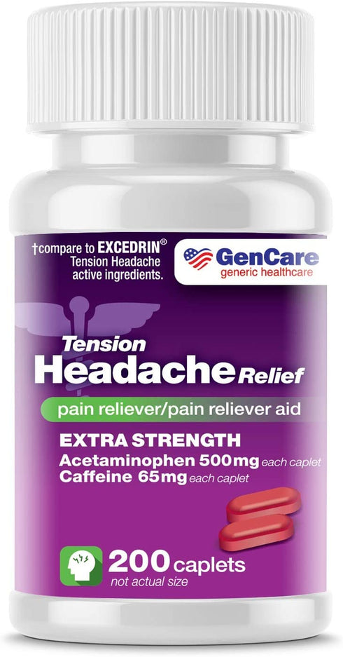GenCare - Tension Headache Relief Pain Reliever with Acetaminophen 500 mg and Caffeine 65 mg (200 Caplets) Value Pack | Extra Strength for Head and Body Aches | Generic Excedrin Tension Headache
