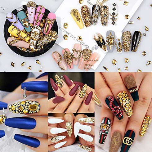Warmfits 3600pcs Nail Art Rhinestone Crystal Gold Rhinestones Beads Nail Jewels Nail Design Round Flatback Gems Stones Studs 6 Sizes with Box for Nail Design Craft Art Shoes
