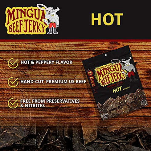 Mingua Hot Beef Jerky with Red Peppers - Nitrite-Free Spicy Beef Jerky - 100% US Beef (7 Ounces)
