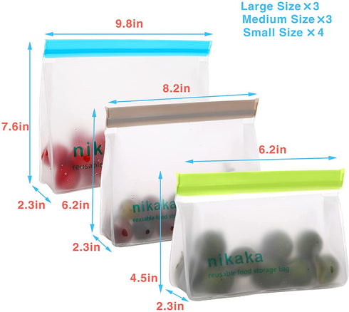 Nikaka Reusable Food Storage Bags 10 Pack, FDA Grade Stand Up Reusable Freezer Bags (3 Reusable Sandwich Bags, 4 Reusable Snack Bags, 3 Reusable Big Bags), Leakproof, Eco-friendly