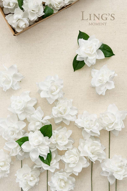 Ling's moment Artificial Flowers 25pcs White Gardenia Flowers w/Stem for DIY Wedding Bouquets Centerpieces Flower Arrangements Decorations