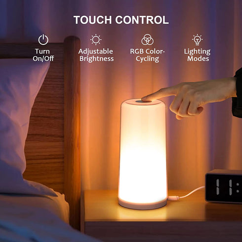 A.T.Lums Table Lamp - Touch Sensor Bedside Lamp, 3-Level Dimmable Warm White Lamp and RGB Color Changing Nightstand Light for Bedroom, Living Room, Office, Baby Kids Room