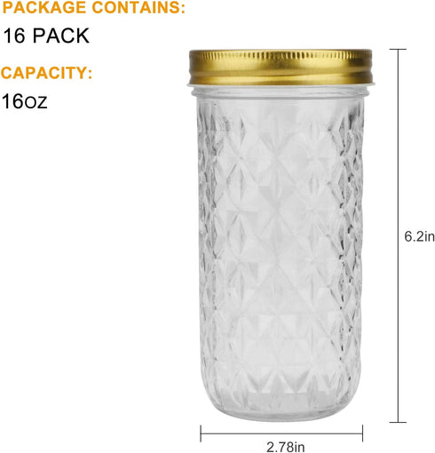 16 oz Glass Jars With Lids,Encheng Wide Mouth Ball Mason Jars For Storage 500ml,Canning Jars For Pickles,Herb,Jelly,Jams,Honey,Kitchen Food Storage Jars Dishware Safe,Set Of 16 ¦