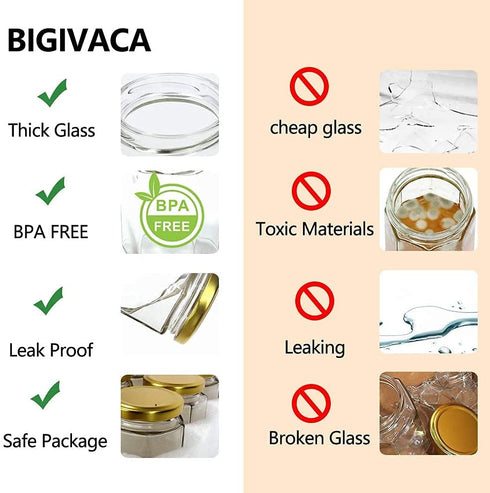 1.5 oz Hexagon Glass Jars with Golden Lids.Set of 48 Pack Mini Canning Jars Containers for Spice Jam,Jelly, Wedding Favors, Honey And More. Small Jars.Include 1 Chalk Pen and 80 Labels.