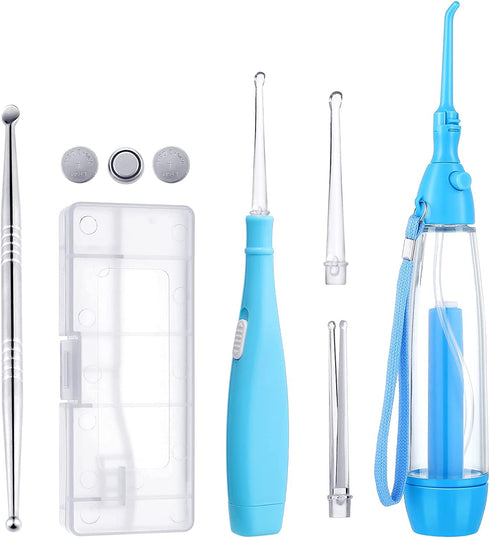 Tonsil Stone Remover, 1 Manual Pump Type Low Pressure Irrigator Oral Water Pick, 1 Tonsil Stone Remover with LED Light, 1 Stainless Steel Tonsil Stone Removal Tools to Get Rid of Bad Breath (Blue)