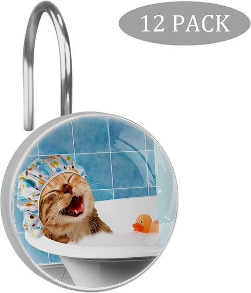 C.IOPMNU Funny Cat Shower Curtain Hooks, 12pcs Cat Loving His Bath Decorative Shower Curtain Hanger Rings Roller, Rust Resistant Round Shower Rings Hangers for Bathroom Curtains Rods