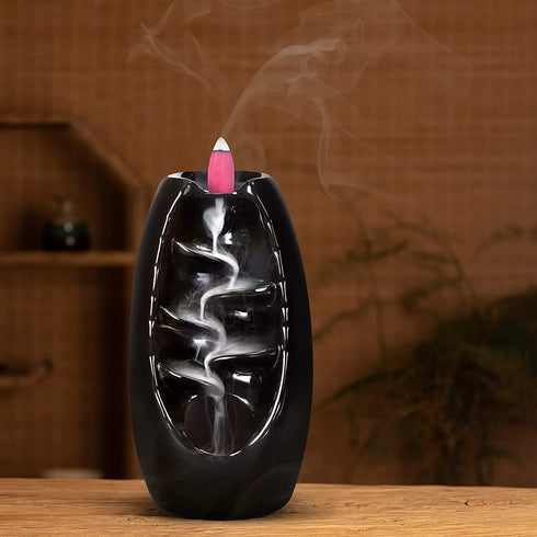 Ronlap Backflow Incense Burner, Ceramic Waterfall Smoke Incense Holder with 120 Upgraded Incense Cones+30 Incense Sticks+1 Tweezer+1 Mat, for Aromatherapy Meditation Home Decorations, Black
