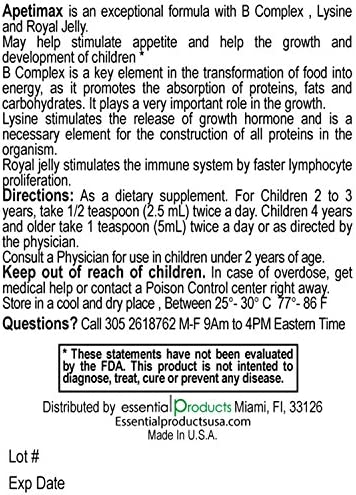 Apetimax Vitamins Lysine Royal Jelly Promotes Appetite Syrup for Adults and Kids (4oz for Kids)