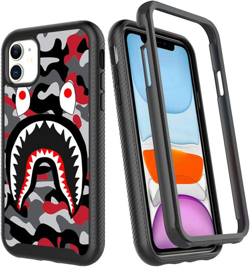 iPhone 11 Case, Street Fashion Design iPhone 11 Cases for Boys Girls Dual Layer Shockproof Rugged Cover Soft TPU + Hard PC Bumper Full-Body Cool Camo Case for iPhone 11 (6.1 inch) - Red Gray Shark