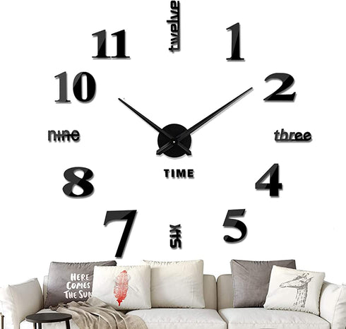VREAONE Frameless DIY Wall Clock,Large Modern 3D Mirror Wall Clock Decor Sticker DIY Clock kit for Home Living Room Bedroom Office Wall Decorations(Black)