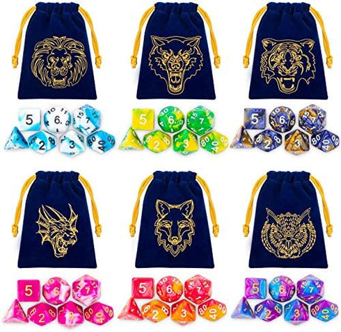 ESANDA DND Dice Set, 42pcs Polyhedral Dice D&D Dice with 6 Blue Drawstring Bags, 6 Complete Double-Colors Dice Sets for Dungeons and Dragons RPG MTG Table Games etc