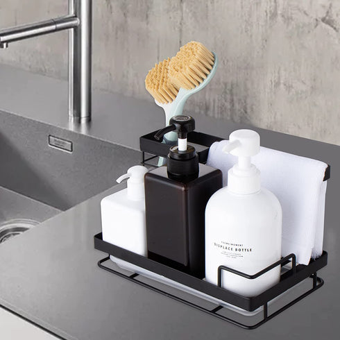 Sink Caddy, Mlesi Kitchen Sink Caddy Organizer Countertop Sponge Brush Soap Holder with Drain Pan,Soap Dispenser Caddy Organizer Rust-Proof Black