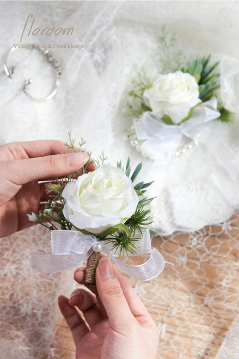 Floroom Ivory Rose Wrist Corsage Wristlet Band Bracelet and Men Boutonniere Set for White Wedding Flowers Accessories Prom Suit Decorations