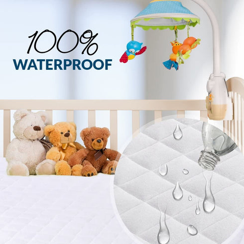 Mini Crib Mattress Protector 100% Waterproof, Without Noiseless Bamboo Quilted Ultra Soft White Terry Fitted Sheet Style (Mini Crib)