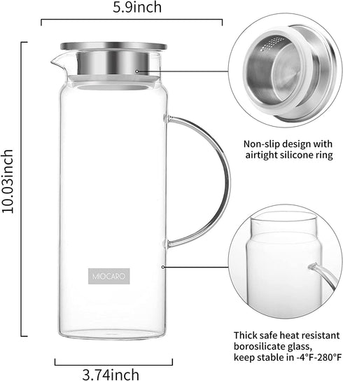 SIXAQUAE Pitcher Glass Water Pot Kettle Stainless Steel Lid Large Juice Ice Tea (48OZ)¦