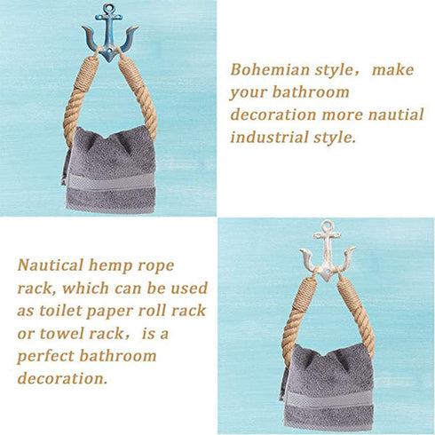 2 Piece Nautical Rope Towel Ring, Toilet Paper Holder Beach Themed Bathroom Decord with Metal Hook for Beach Themed Bathroom Decor(Blue+White)