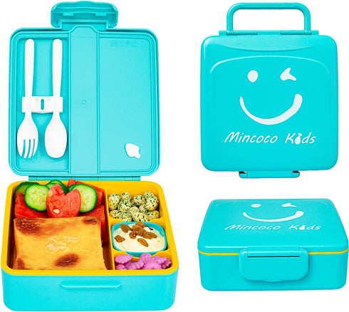 MINCOCO Kids Bento Lunch Box - Lunch Container with Sauce Jar, Spoon&Fork 4-Compartment, On-the-Go Meal and Snack Packing - Leak Proof, Durable, Microwave Safe (Sky Blue)