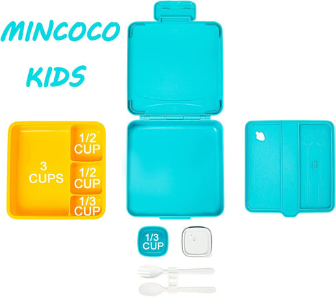 MINCOCO Kids Bento Lunch Box - Lunch Container with Sauce Jar, Spoon&Fork 4-Compartment, On-the-Go Meal and Snack Packing - Leak Proof, Durable, Microwave Safe (Sky Blue)