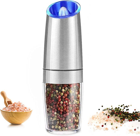 AVNICUD Electric Pepper Grinder, Automatic Pepper Mill, Electric Spice grinder, Battery-Operated with Adjustable Coarseness, LED Light, One Hand Operated (Silver 1Pack)