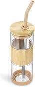tronco Glass Tumbler with Bamboo Lid and Straw,20OZ Reusable Iced Coffee Cup With Bamboo Sleeve,Smoothie Cups,Clear Glass Travel Water Bottle,Spill Proof