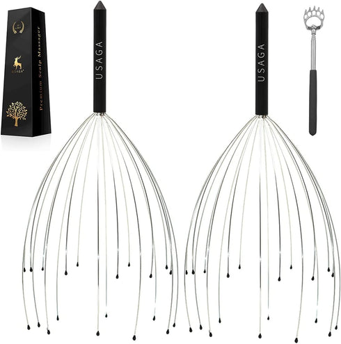 USAGA 20 Fingers Head Massager Scalp Scratcher Head Scratcher and Telescopic Back Scratcher, Ideal Gift for Head Body Relaxing 2 Pack (Black)