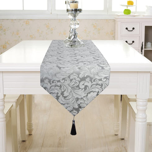 EHouseHome Jacquard Damask Reversible Silver Grey Table Runners with Tassels 13 x 72 inch Wrinkle and Water Resistant Spill-Proof Decorative Dining and Wedding Runners