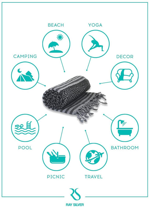 Ray Silver Premium Turkish Beach Towel 100% Cotton-Quick Dry Turkish Bath Towel 71?x40?(100x180 cm)-Prewashed Peshtemal Blanket-Thin Light Weight Travel SPA Pool Bath Beach Gym Pool (Black/Grey)