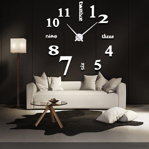 Mirror Surface Decorative Clock 3D DIY Wall Clock for Living Room Bedroom Office Hotel Wall Decoration (Silver)