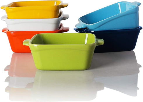 SWEEJAR Ceramic Souffle Dishes,Square Double Handle-Ramekins-Baking, 10 OZ for Creme Brulee, Custard,Dipping - Set of 6 (Multi)