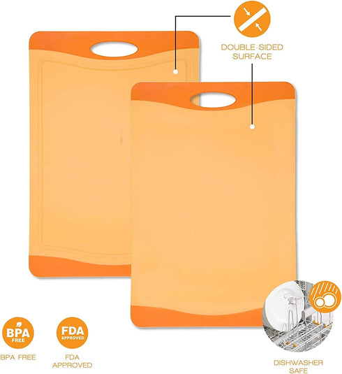 Raj Plastic Cutting Board Reversible Cutting board, Dishwasher Safe, Chopping Boards, Juice Groove, Large Handle, Non-Slip, BPA Free (11.42" x 7.87") - Red and Orange