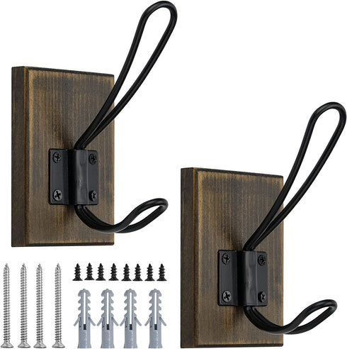 OLBET Farmhouse Towel Hooks for Bathroom Wall Mounted - Rustic Wall Hooks for Hanging Coats - 2 Pack - Retro Iron Wood Hooks - Classical Heavy Duty Hangers for Your House - Weathered Brown
