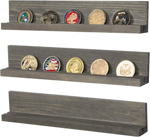 MyGift Wall Mounted Vintage Gray Wood Challenge Coin Holder and Casino Chip Display Shelf, Single Row Military Coin Showcase Rack, Set of 3