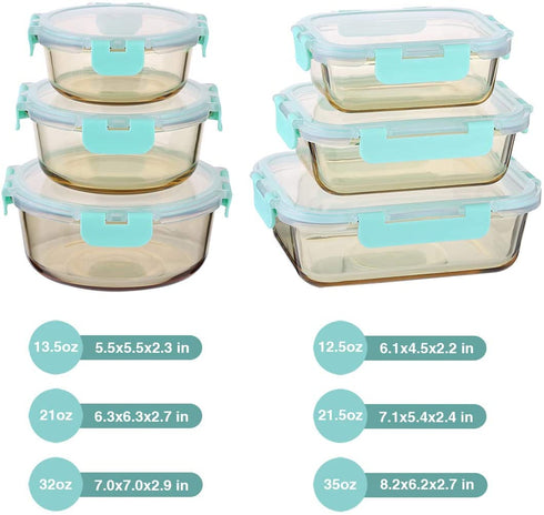 Emica Glass Food Container Set-6 Pack, Glass Amber Color Meal Prep Containers, Food Prep Containers Glass with Lids, Glass Bento, Airtight Glass Bento Boxes, Glass Food Storage Set (6 Containers & 6 Lids)