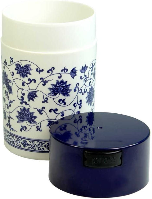Teavac 6-Ounce Vacuum Sealed Tea Storage Container, Blue Cap and White Body/Floral Design