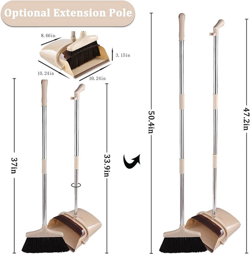 Perastra Long-Handled Broom & Dustpan Set, Upright Standing Dustpan & Super Long Handled Broom with Heavy Duty Bristles for Home Floor Sweeping (Beige White)