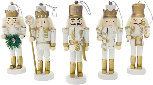 BlueSpace Christmas Nutcracker Ornaments Set Wooden Nutcrackers Hanging Decorations for Christmas Tree Figures Puppet Toy Gifts(5'',Set of 5pcs,White)
