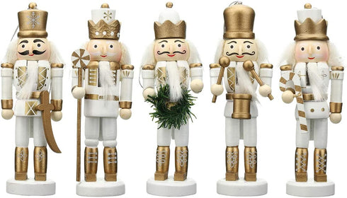 BlueSpace Christmas Nutcracker Ornaments Set Wooden Nutcrackers Hanging Decorations for Christmas Tree Figures Puppet Toy Gifts(5'',Set of 5pcs,White)