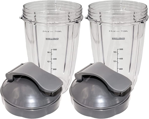 Blendin Flip Top To Go Lid and 24oz Tall Cup with measurement markings, Compatible with Nutribullet 600W, 900W, NB-101B, 900 Pro Series Blenders (2 Pack)