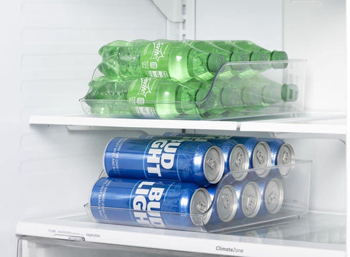 Set Of 4 Refrigerator Organizer Bins Plastic Fridge Water Bottle Storage Dispenser, Pop Soda Can and Drink Holder for Pantry Kitchen Cabinets and Freezer, BPA Free, Clear