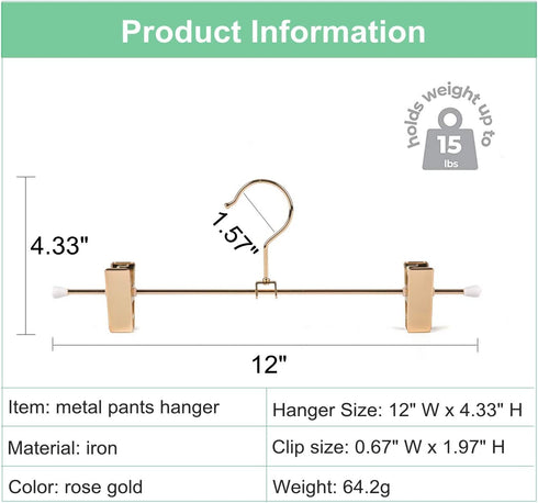 Amber Home 12 Inch Real Rose Gold Metal Pants Skirts Hangers 12 Pack, Sturdy for Slacks Trousers with 2 Adjustable Non Slip Clips and Swivel Hook (12 Pack)