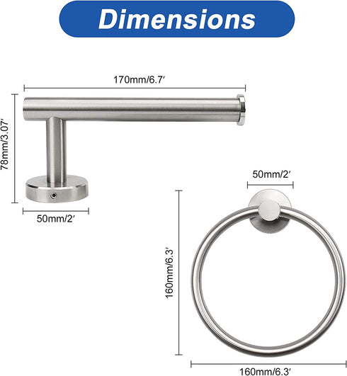 NearMoon 2 Pieces Bathroom Hardware Accessories, Towel Ring and Toilet Paper Holder- Stainless Steel Bathroom Towel Hanger and Hand Towel Holder, Wall Mounted (Brushed Nickel)